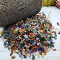 Six ounces of mixed gemstone crystal chips on display