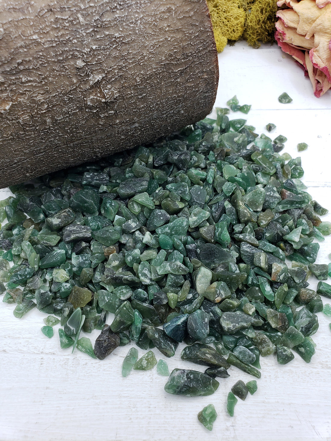 Six ounces of green aventurine crystals on display