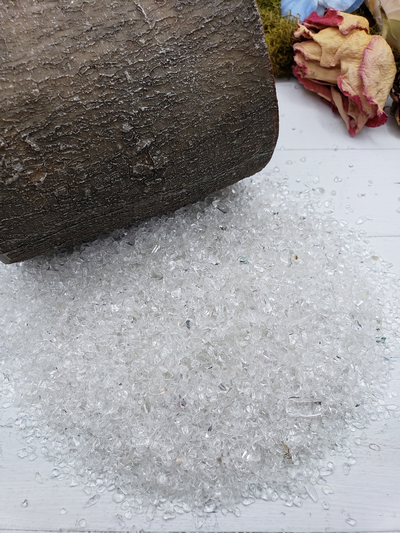 six ounces of quartz crystal chips on display