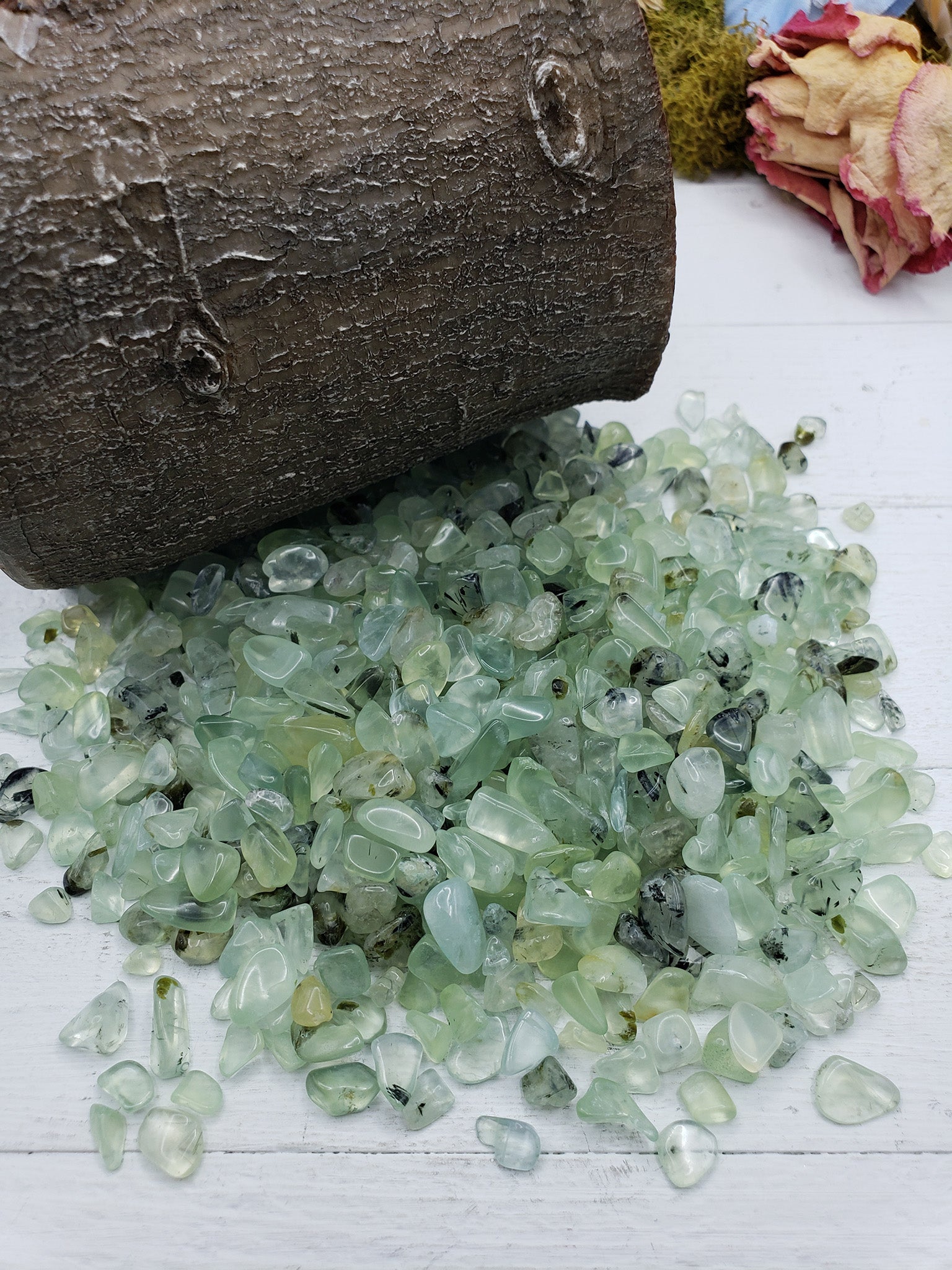 Six ounces of prehnite stone chips on display