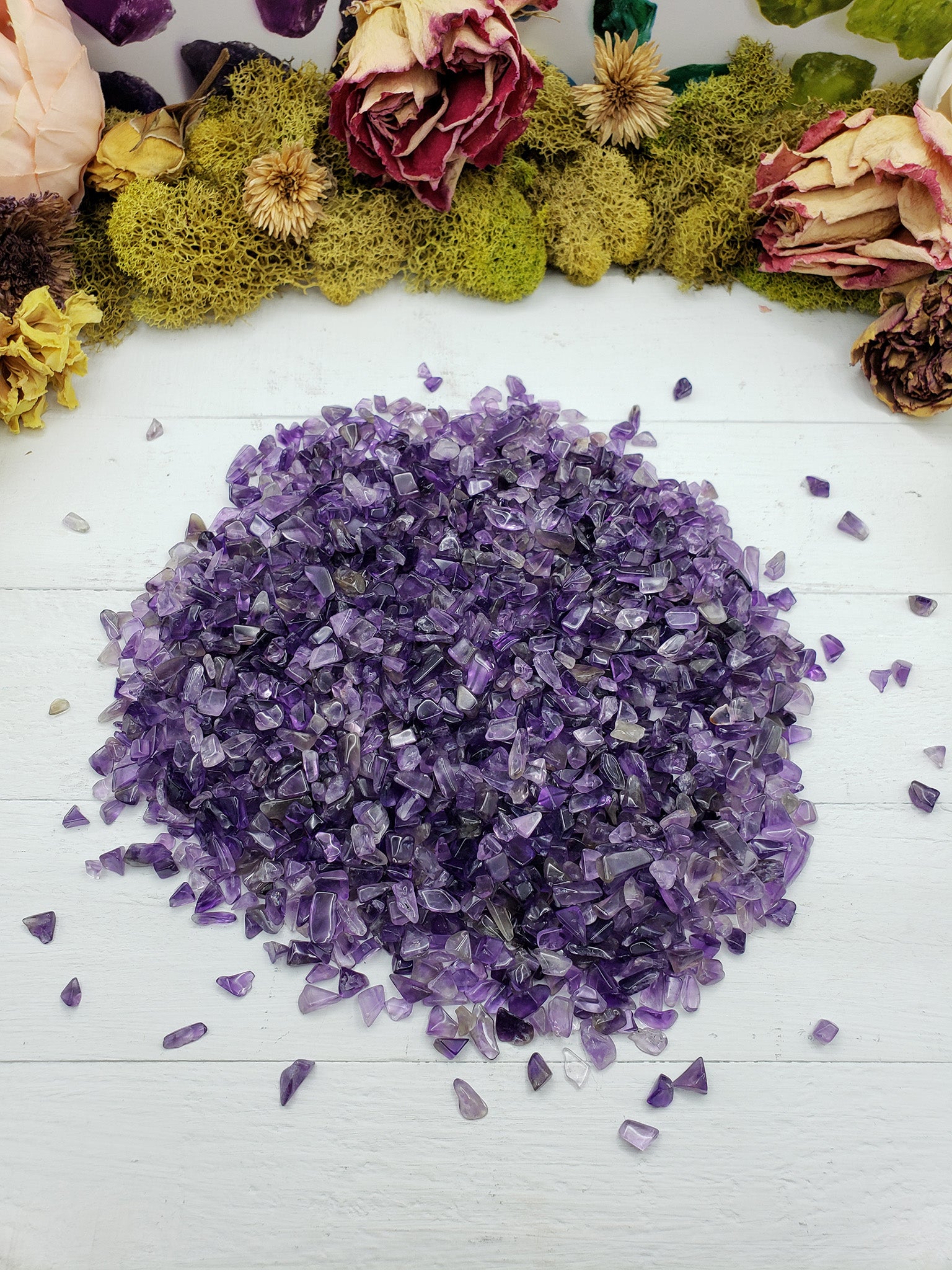 7 ounces of amethyst crystal chips on display