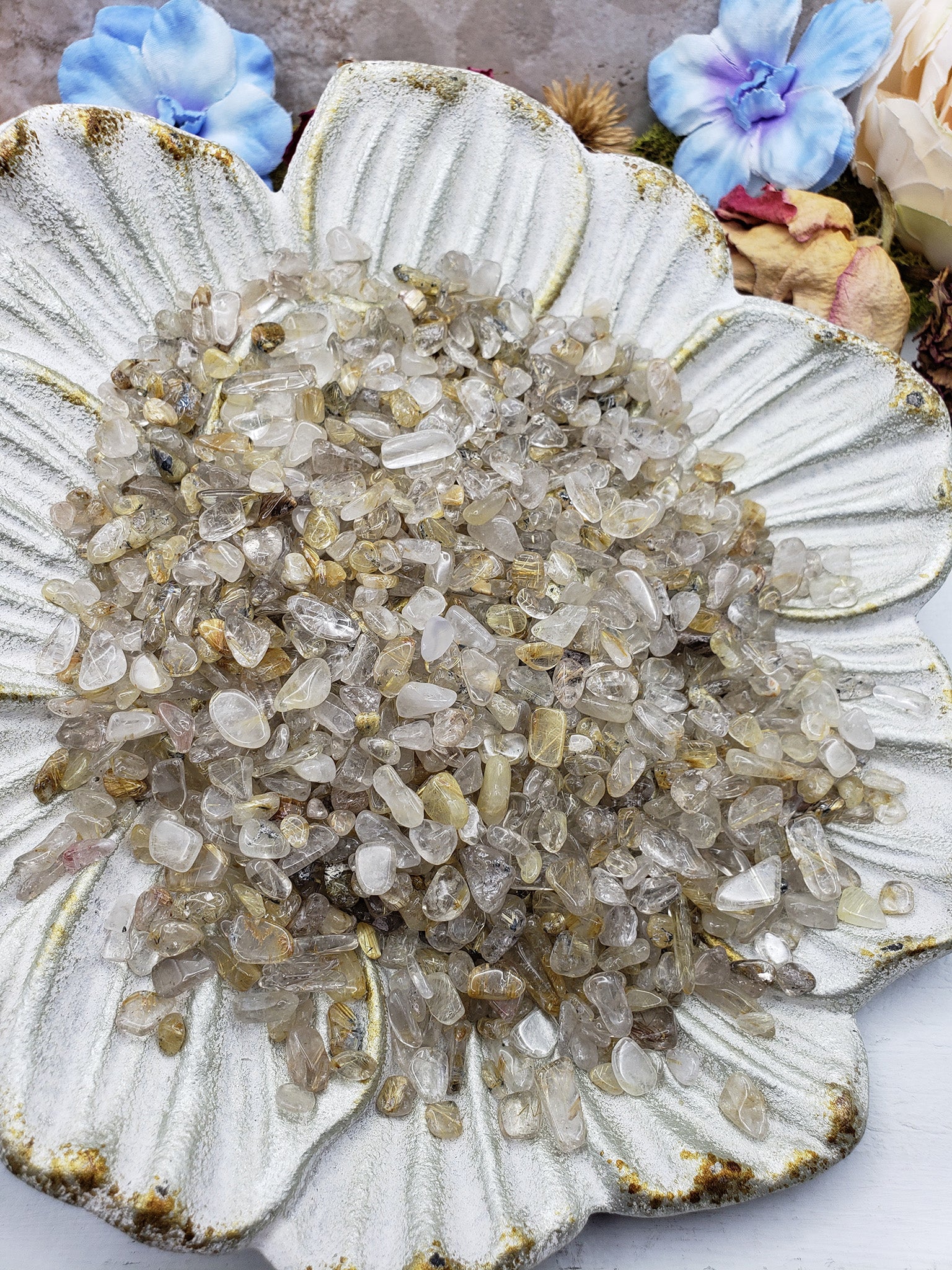 Seven ounce gold rutile quartz chips on floral dish