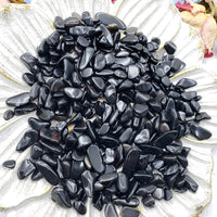 Seven ounces of obsidian stone chips on display