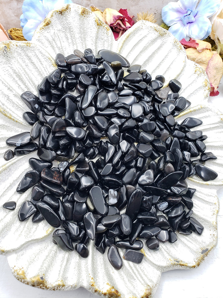 Seven ounces of obsidian stone chips on display