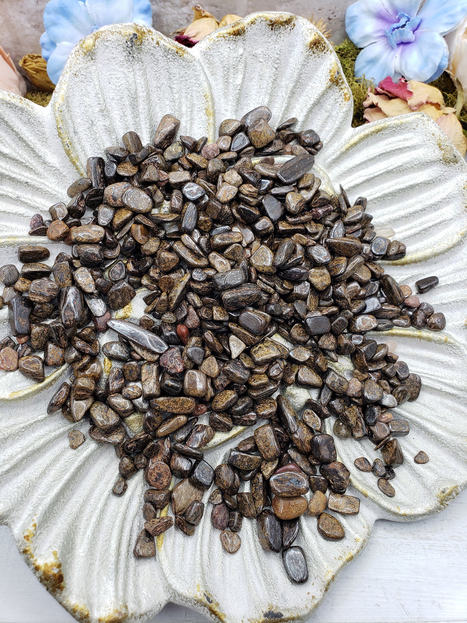 seven ounces of bronzite chips on floral dish display