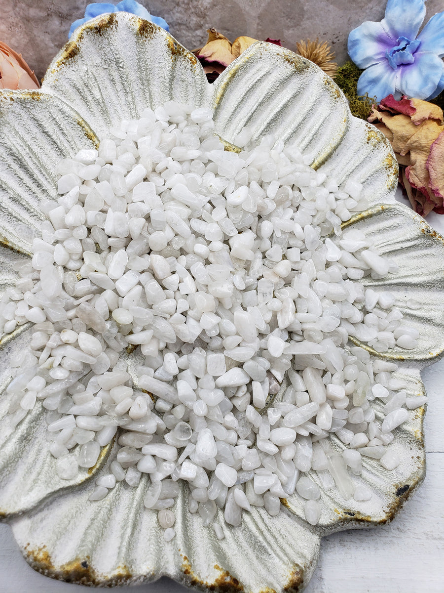 Seven ounces of rainbow moonstone chips on display