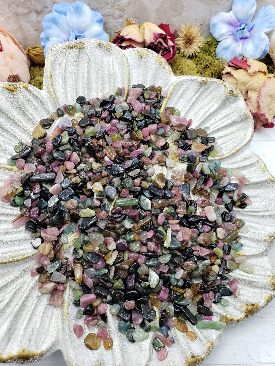 Seven ounces of mixed multi tourmaline chips on display