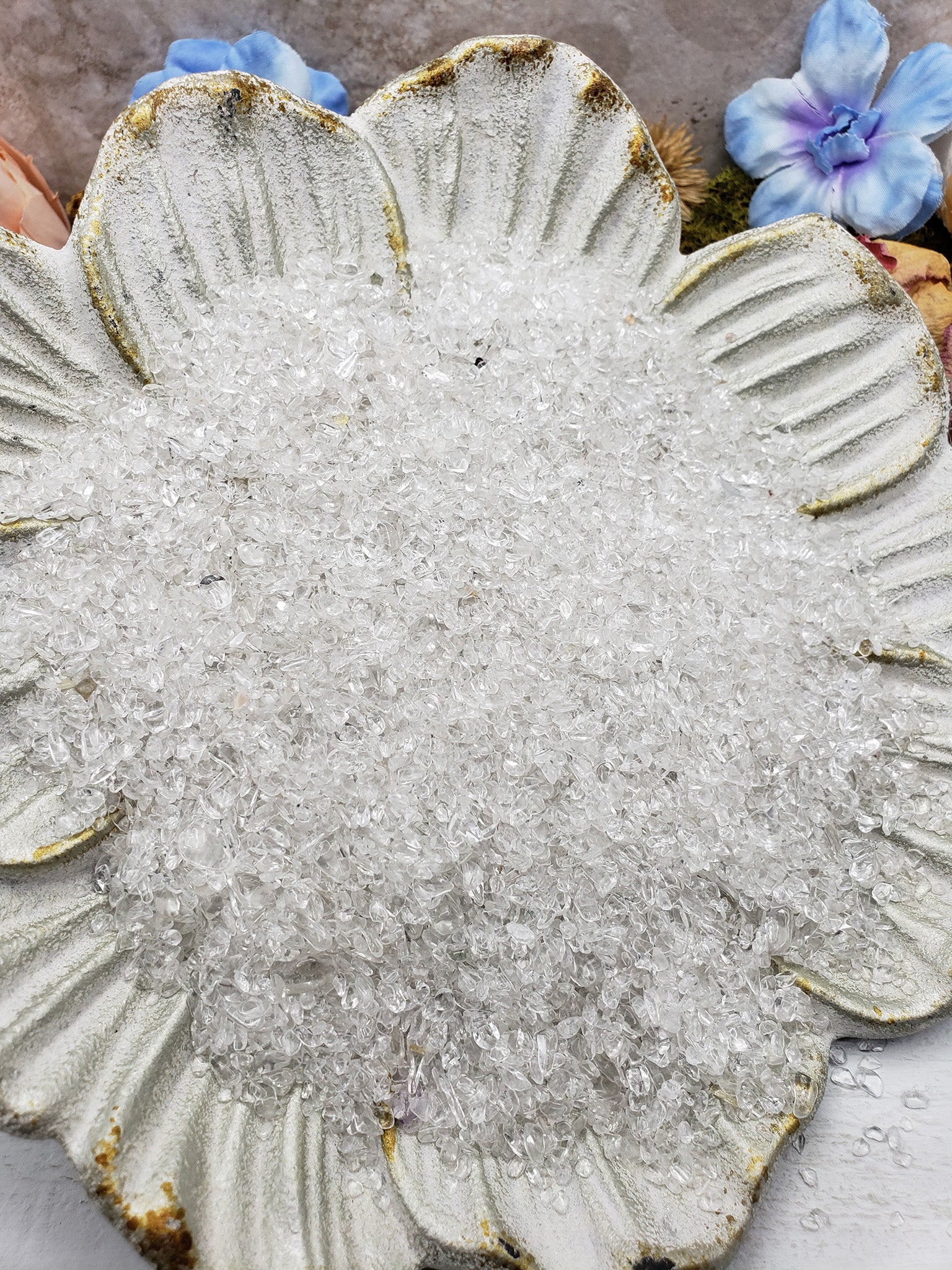 seven ounces of quartz crystal chips on floral display