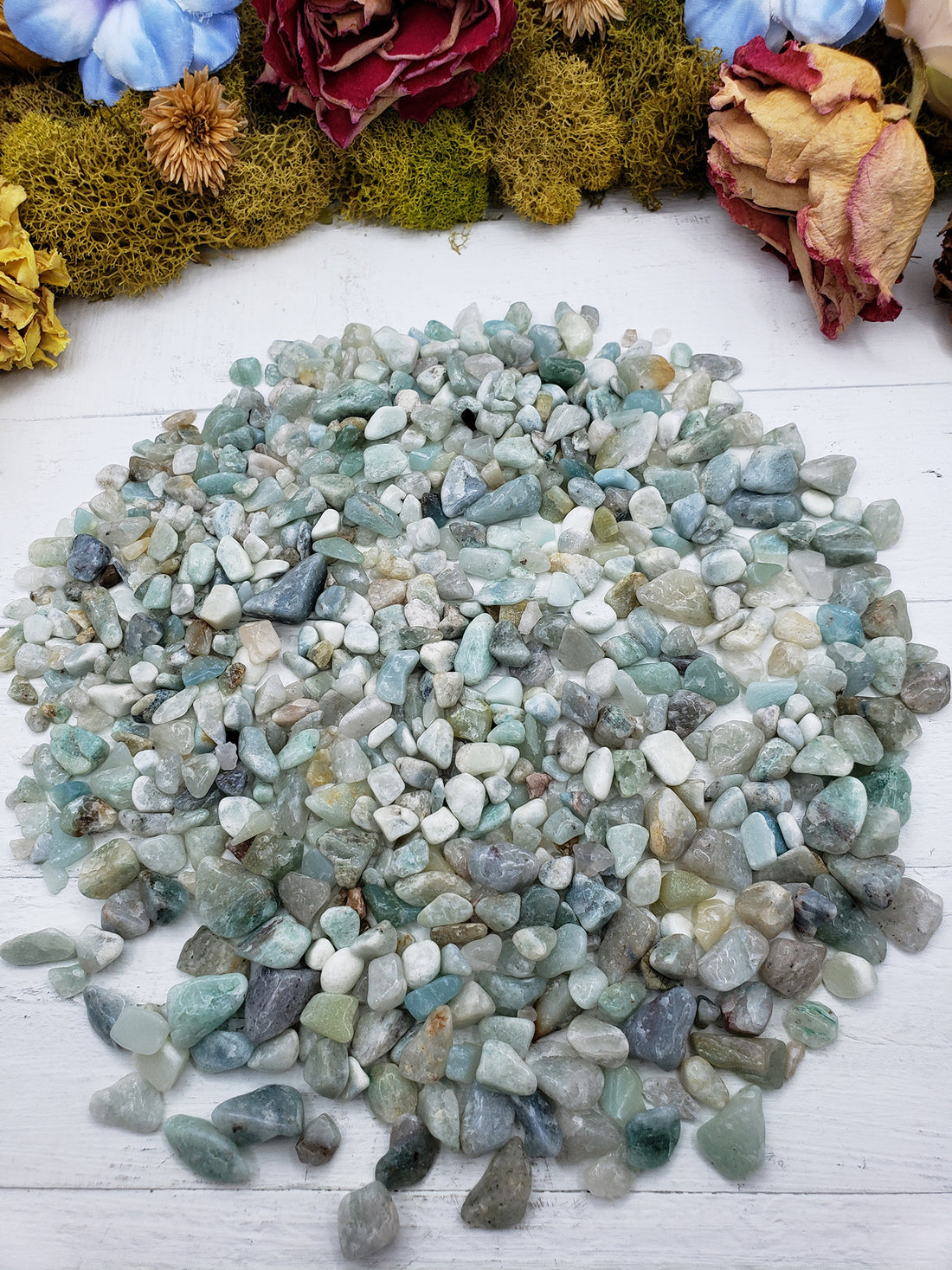 eight ounces of amazonite stone chips on display
