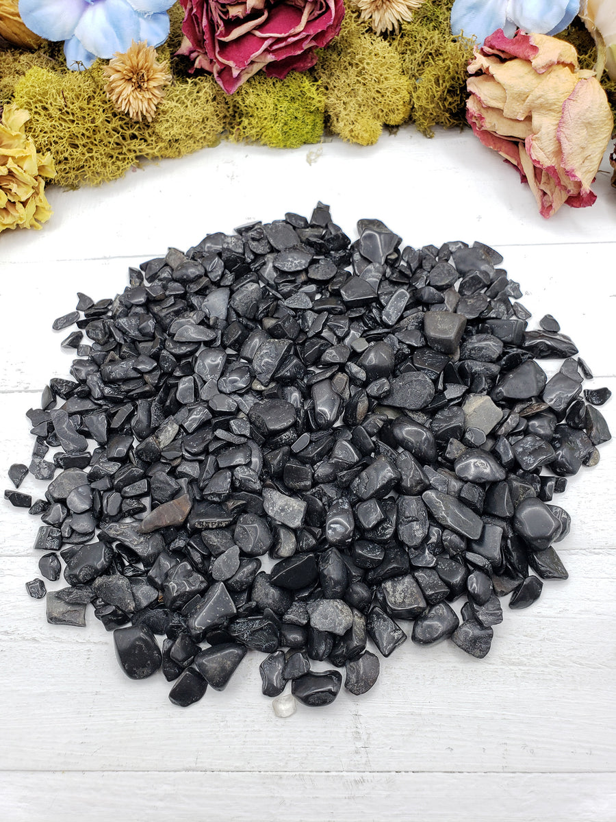 eight ounces of black tourmaline stone chips on display