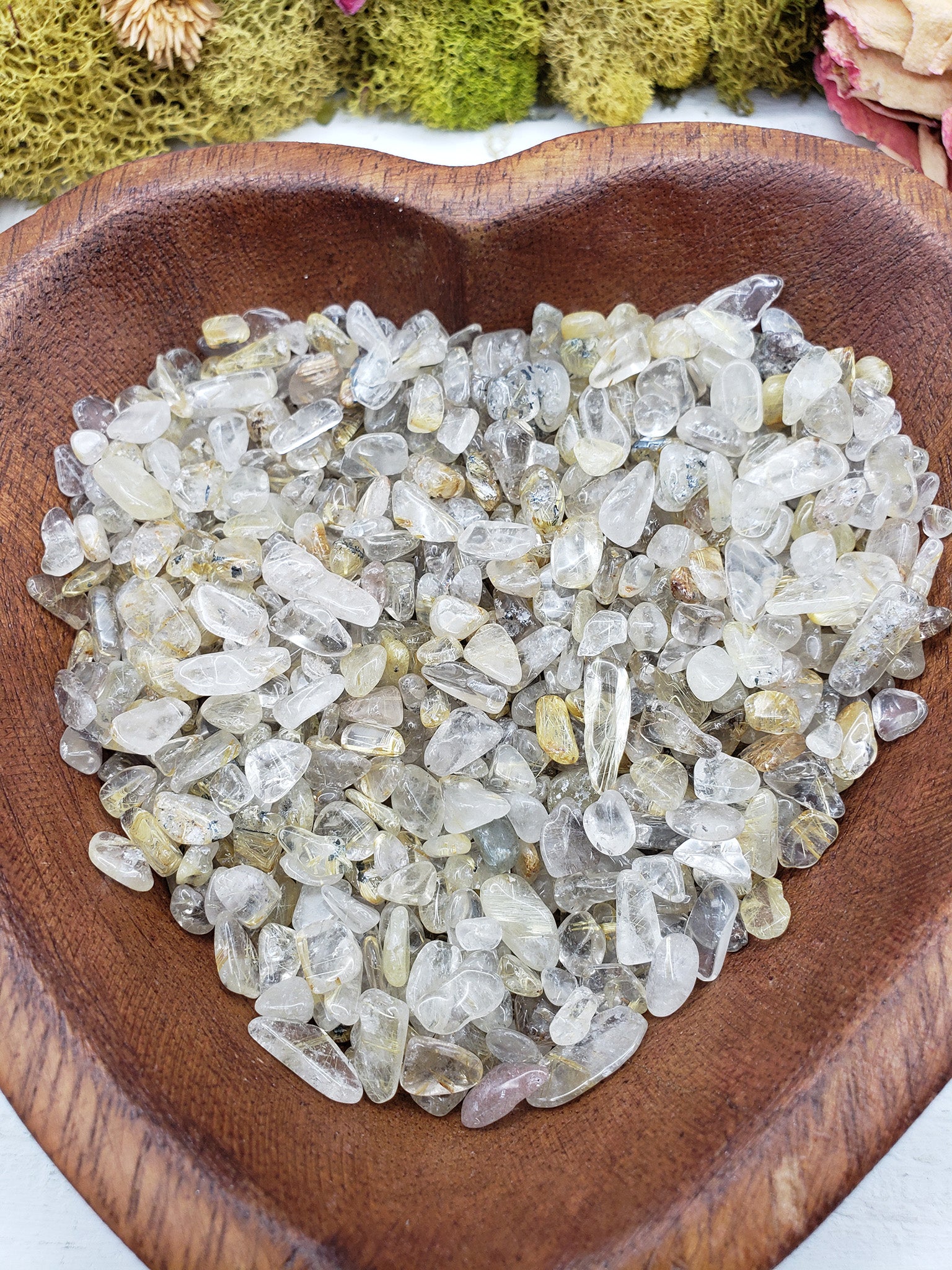 Eight ounce gold rutilated quartz chips in display bowl