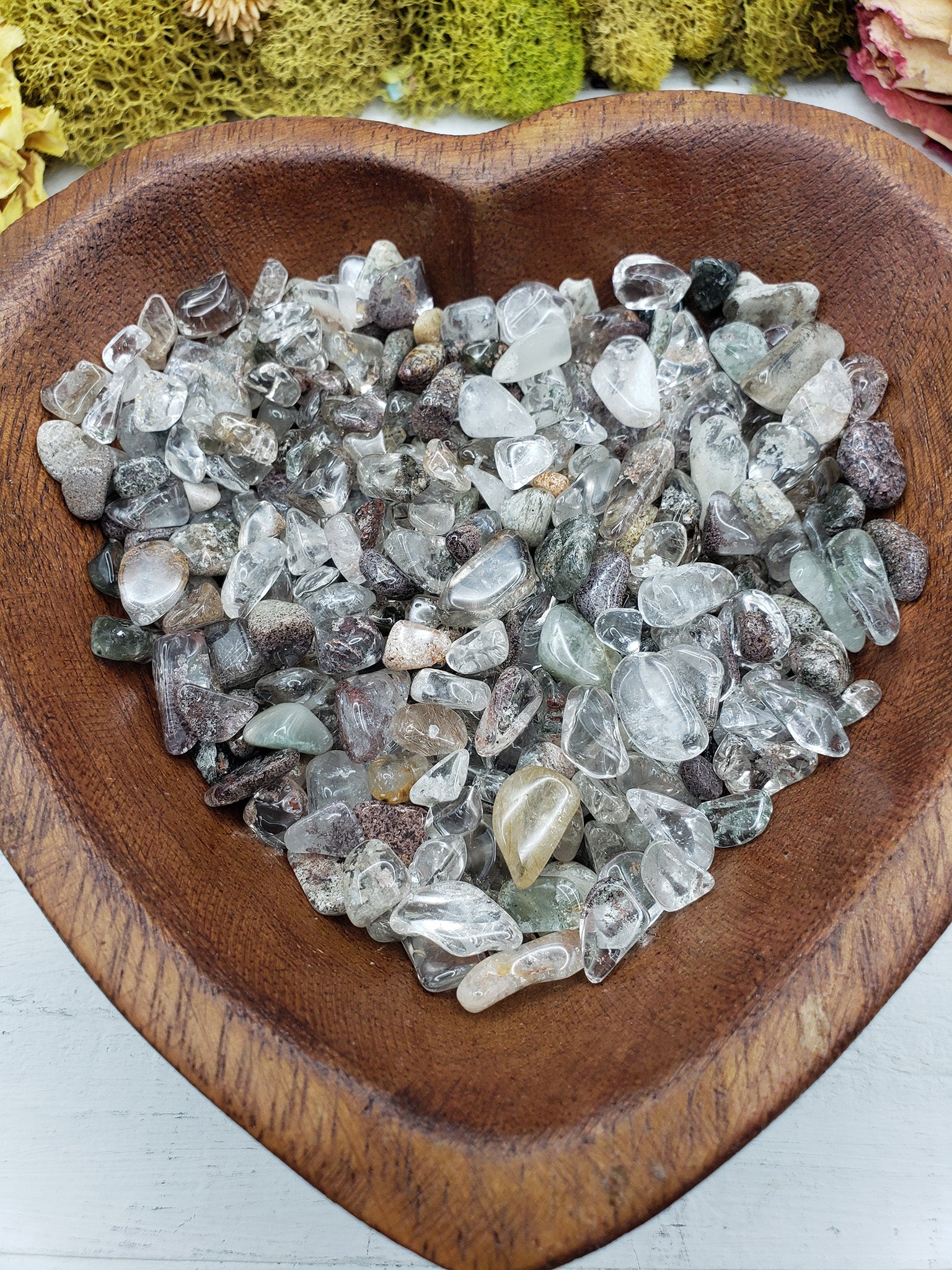 Eight ounces of phantom quartz chips in a bowl