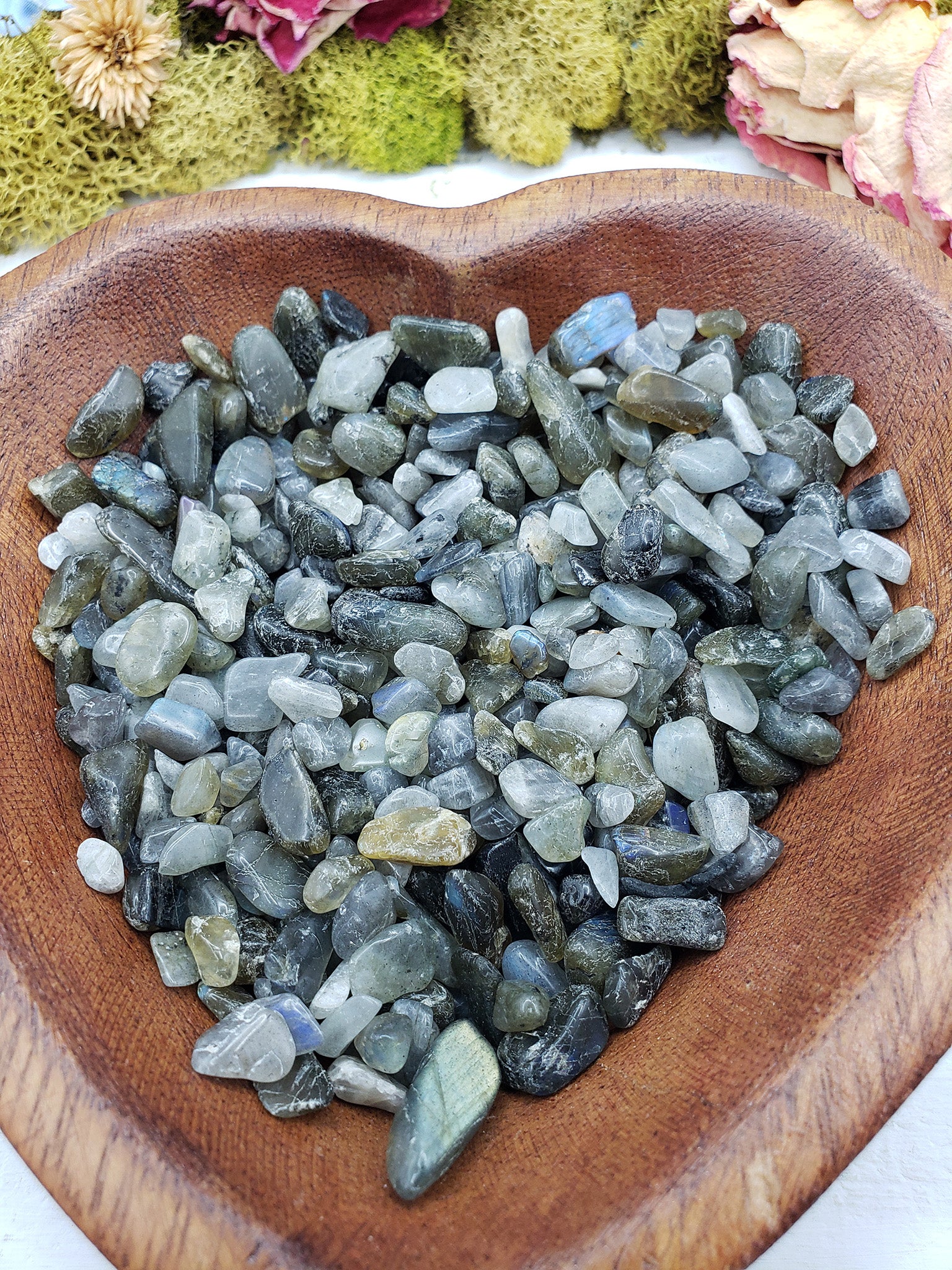 Eight ounces of labradorite crystal chips in bowl