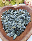 Eight ounces of labradorite crystal chips in bowl