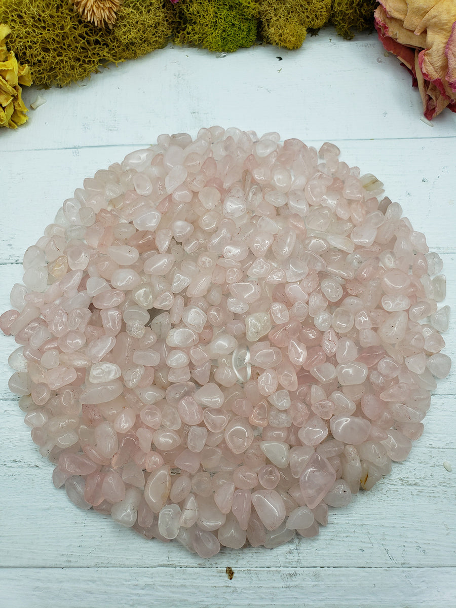 eight ounces of rose quartz crystal chips on display