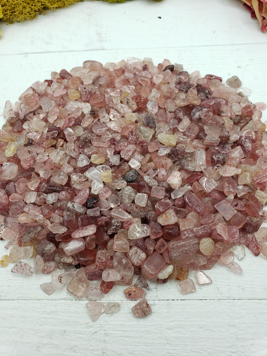eight ounces of strawberry quartz chips on display