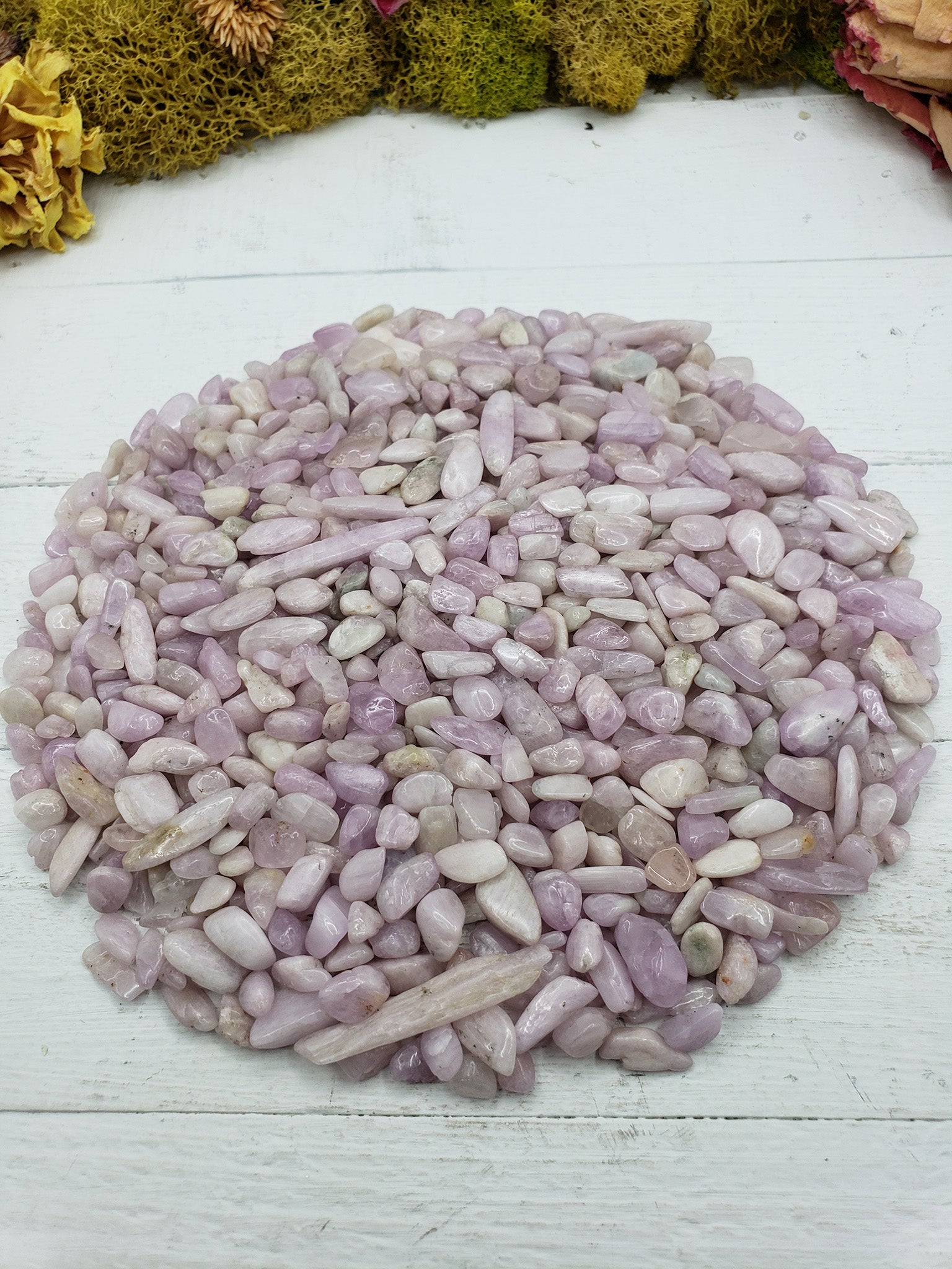 Pile of eight ounce kunzite crystal chips