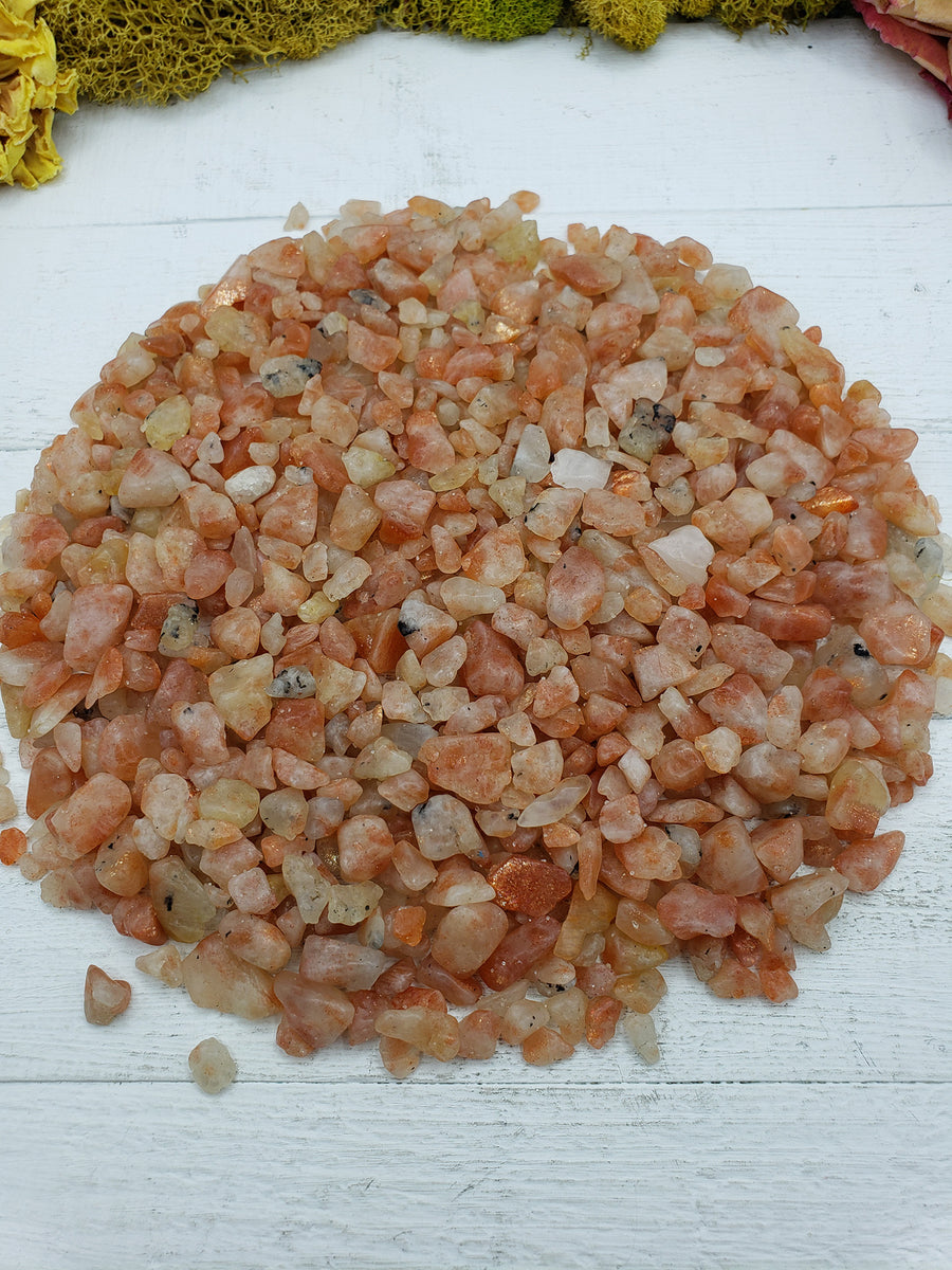 eight ounces of sunstone crystal chips on display