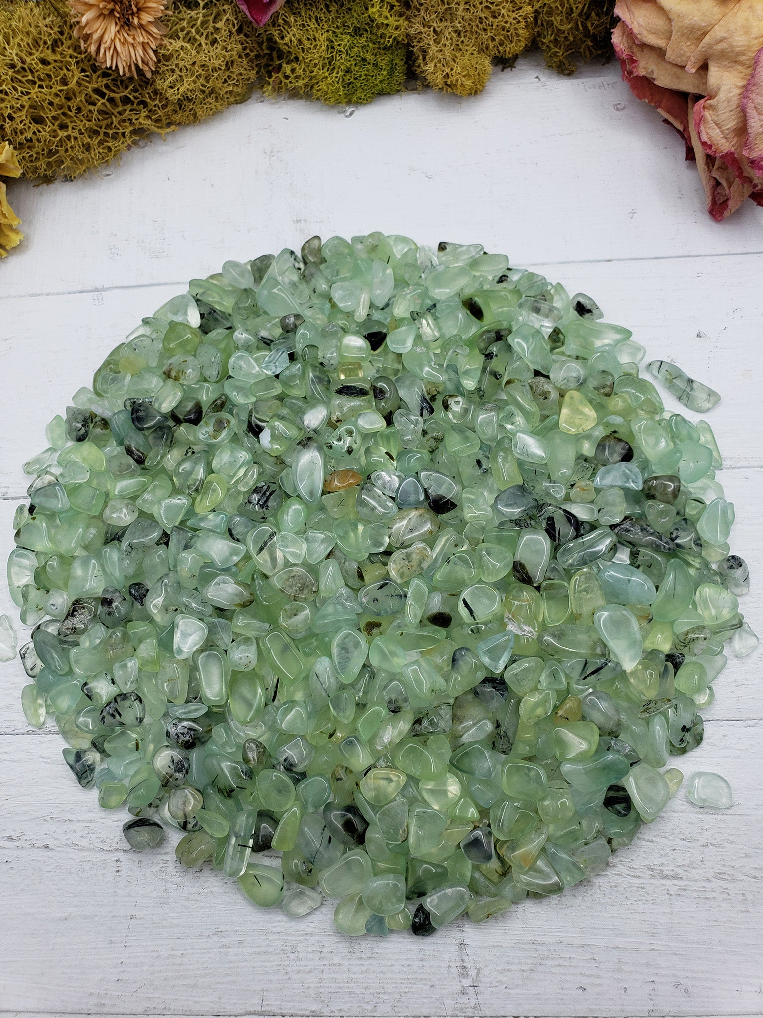 Eight ounces of prehnite chips on display