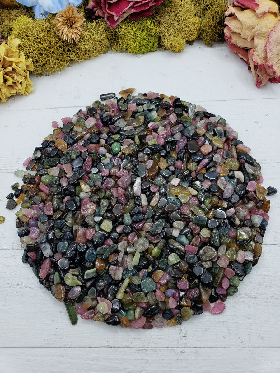Eight ounces of mixed multi tourmaline chips on display