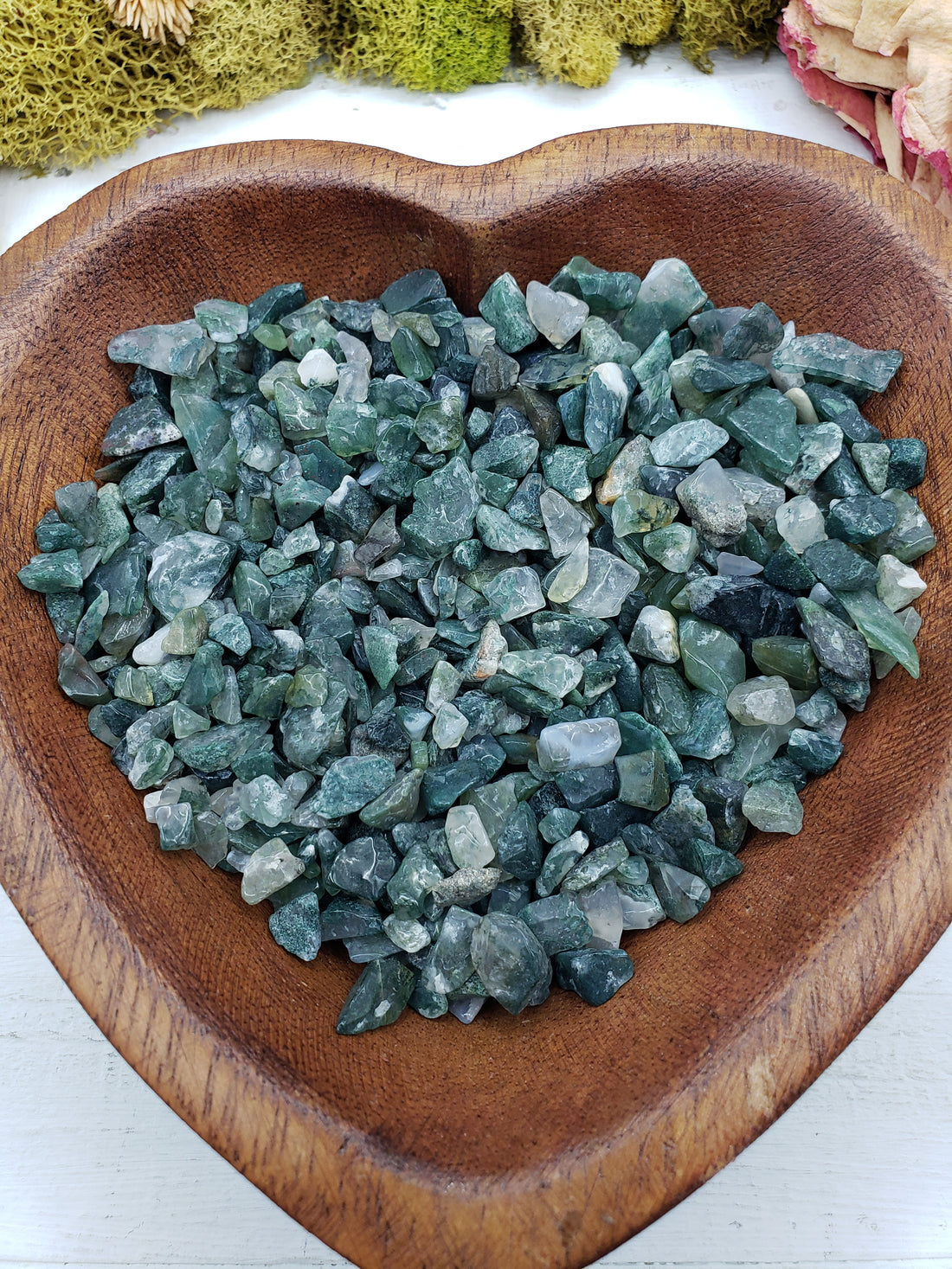 Eight ounces of green moss agate chips in bowl