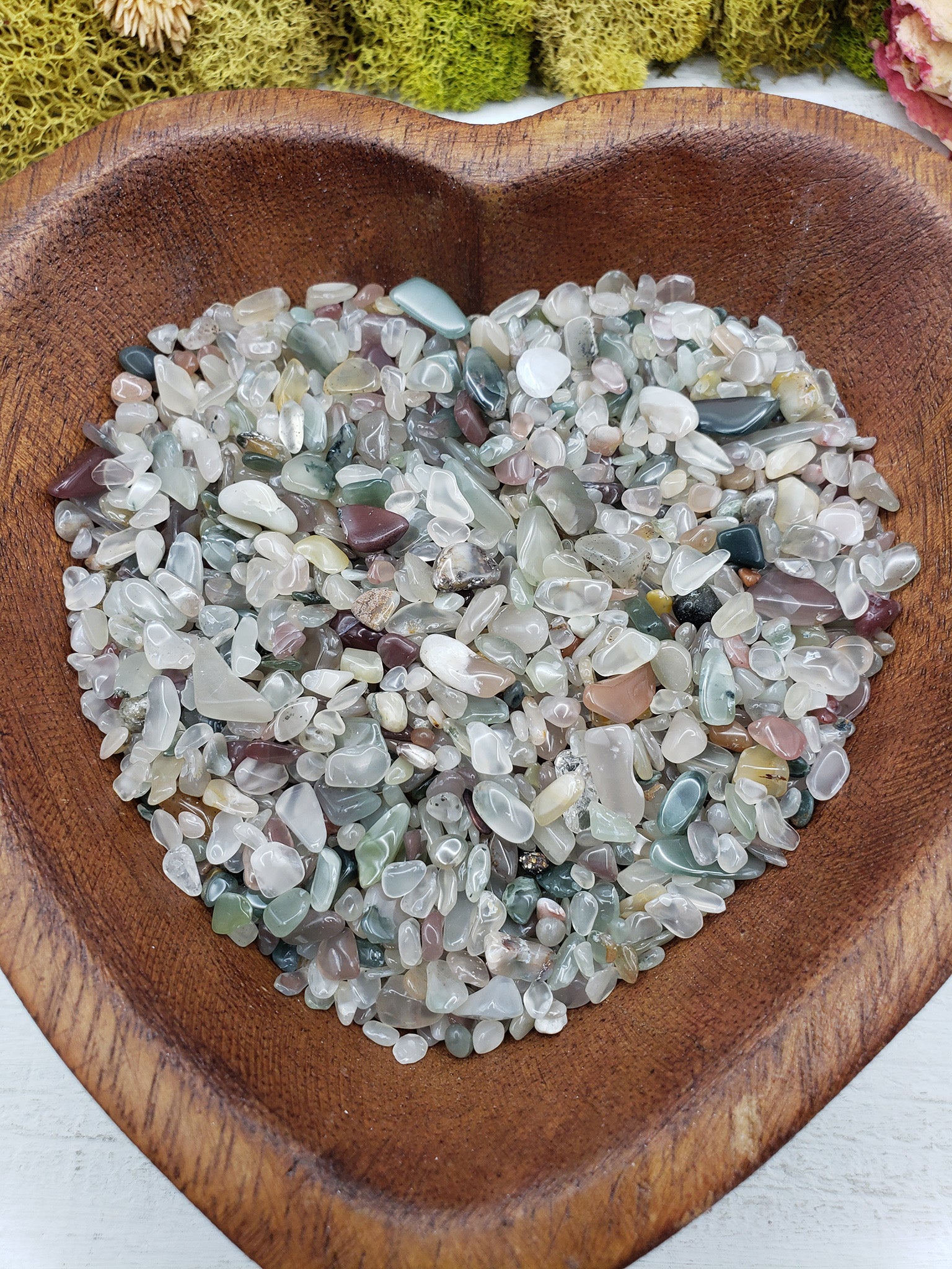 Eight ounces of mixed agate stone chips in bowl