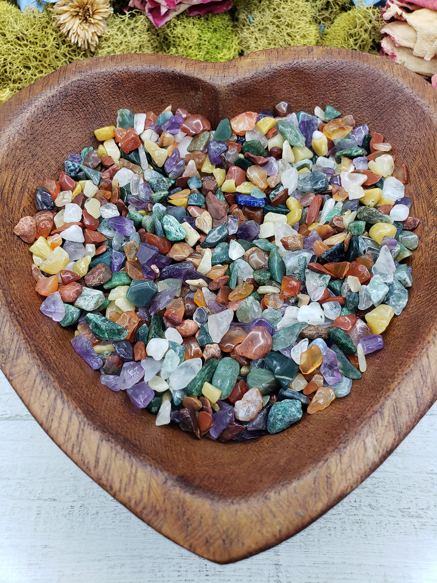 Eight ounces of mixed gemstone crystal chips in bowl