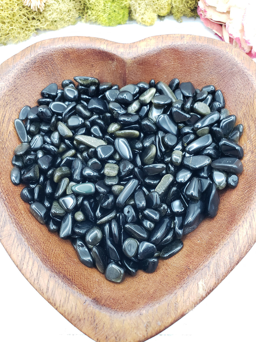 Eight ounces of gold sheen obsidian chips in heart bowl