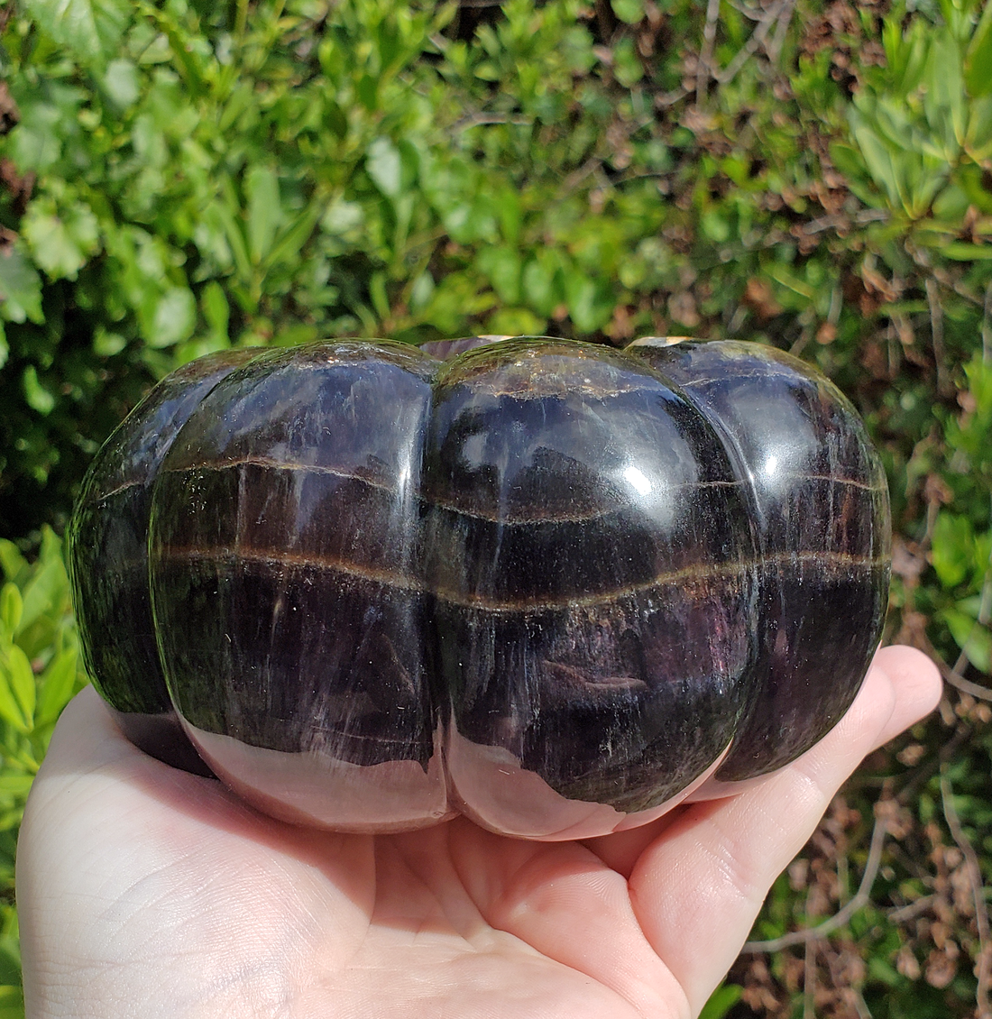 JUMBO Dark Fluorite - Purple and Gold - Gemstone Happy Pumpkin Totem Jack-o-Lantern Carving - Beautifully Layered