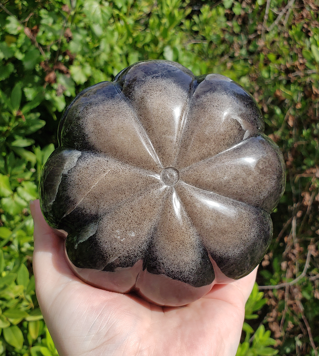 JUMBO Dark Fluorite - Purple and Gold - Gemstone Happy Pumpkin Totem Jack-o-Lantern Carving - Bottom of Pumpkin