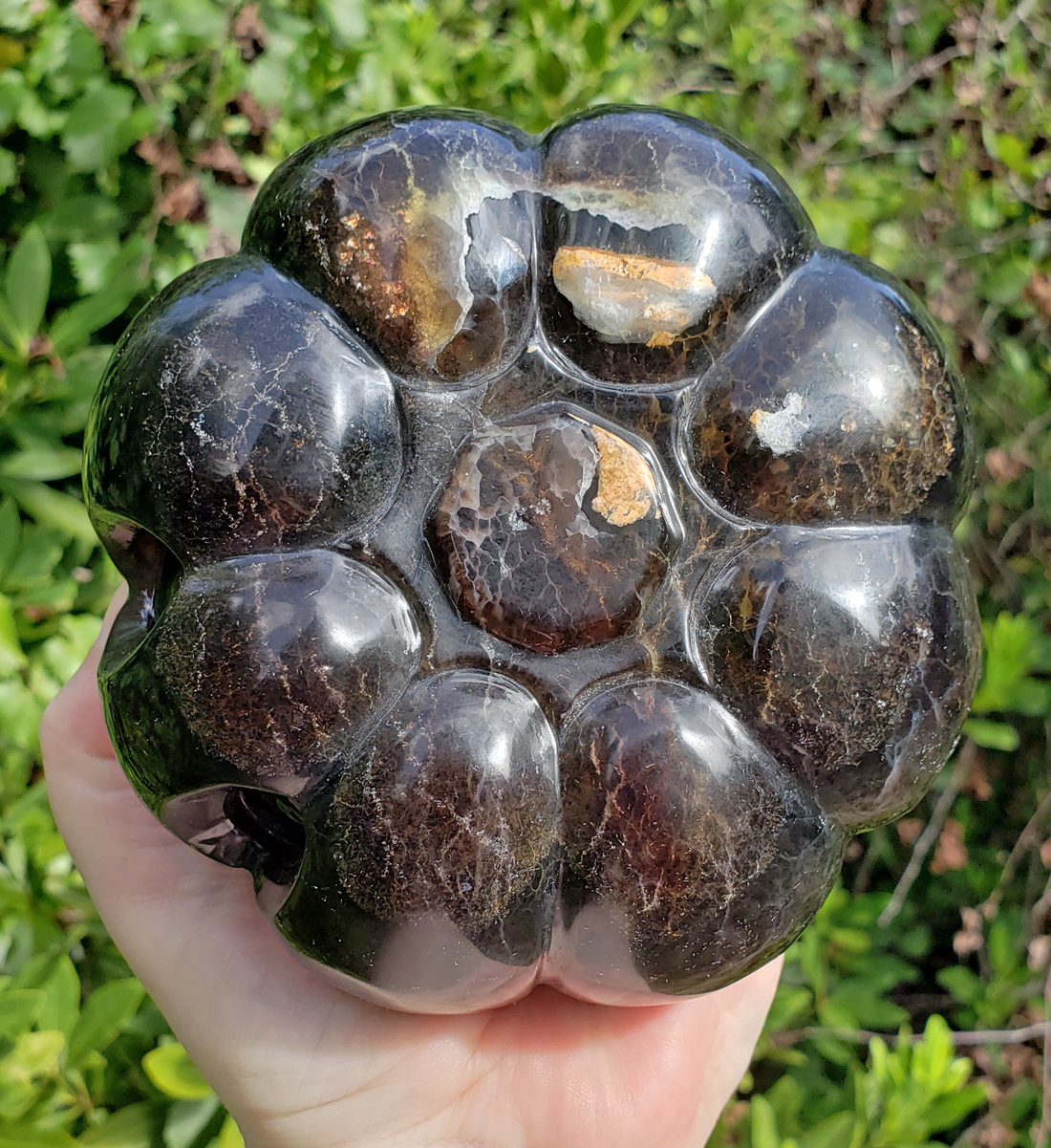 JUMBO Dark Fluorite - Purple and Gold - Gemstone Happy Pumpkin Totem Jack-o-Lantern Carving - Top of Pumpkin