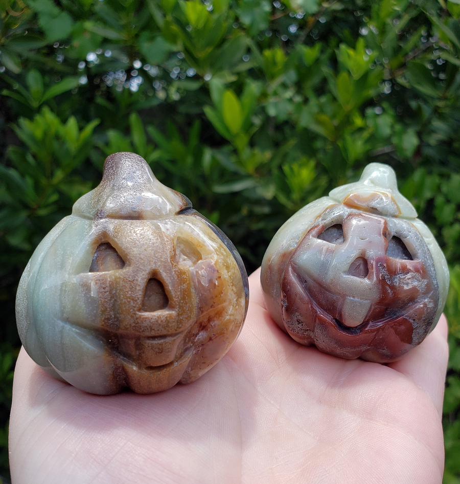 Amazonite Gemstone Happy Pumpkin Totem Jack-o-Lantern Carving - Cheerful Faces!