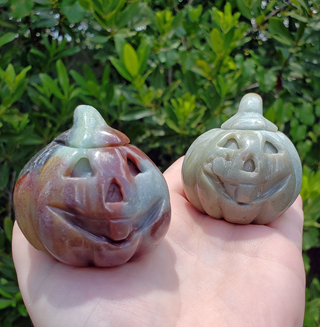 Amazonite Gemstone Happy Pumpkin Totem Jack-o-Lantern Carving - Each Face is Unique