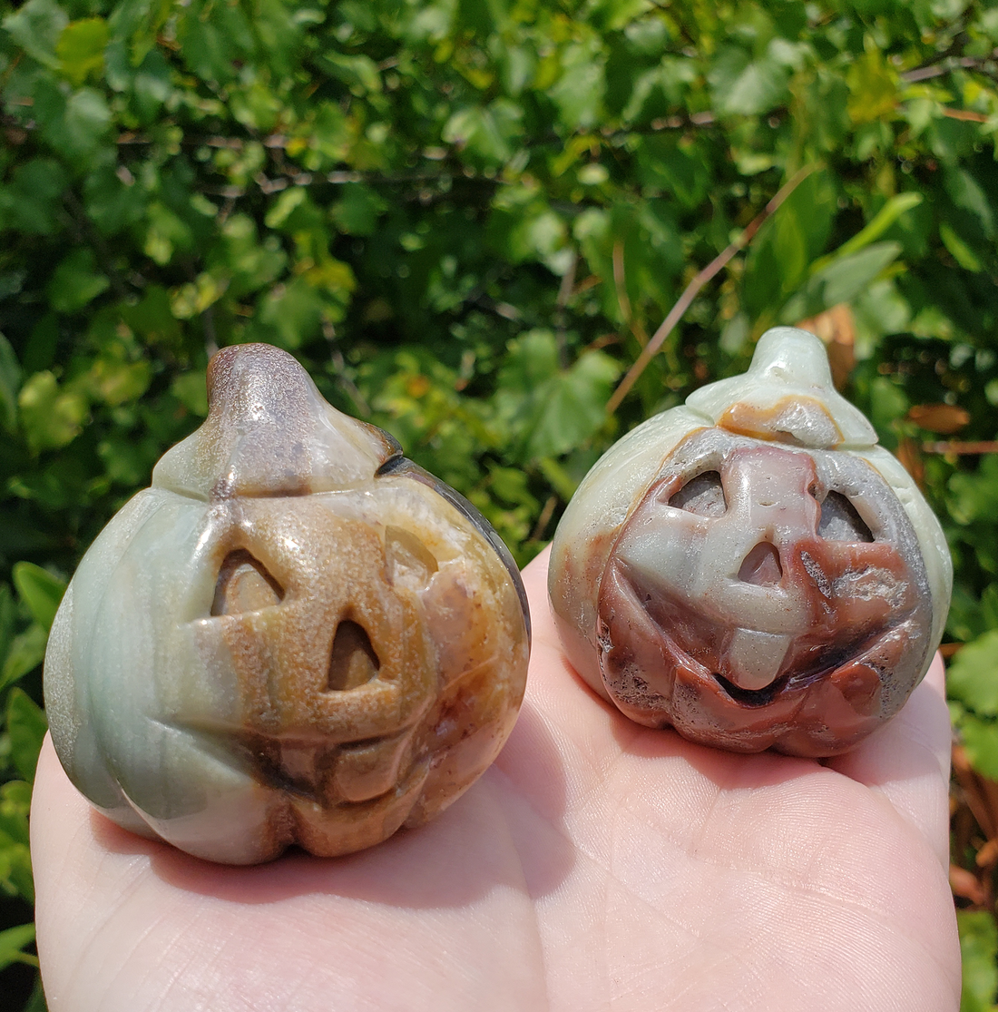 Amazonite Gemstone Happy Pumpkin Totem Jack-o-Lantern Carving - Natural Inclusions