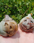 Amazonite Gemstone Happy Pumpkin Totem Jack-o-Lantern Carving - Natural Inclusions