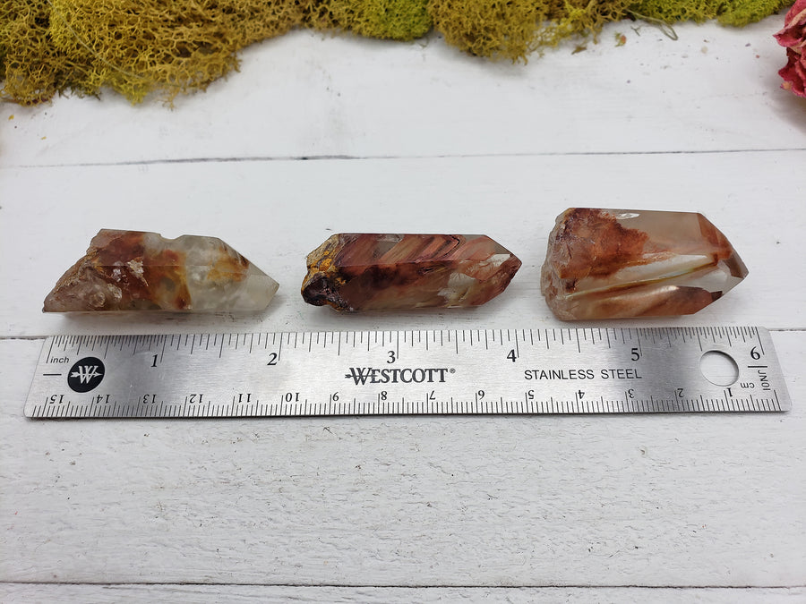 angel phantom quartz crystal pieces on display