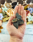 Hand holding rough bloodstone crystal pieces