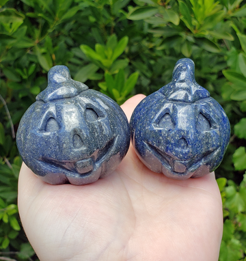 Blue Quartz Gemstone Happy Pumpkin Totem Jack-o-Lantern Carving