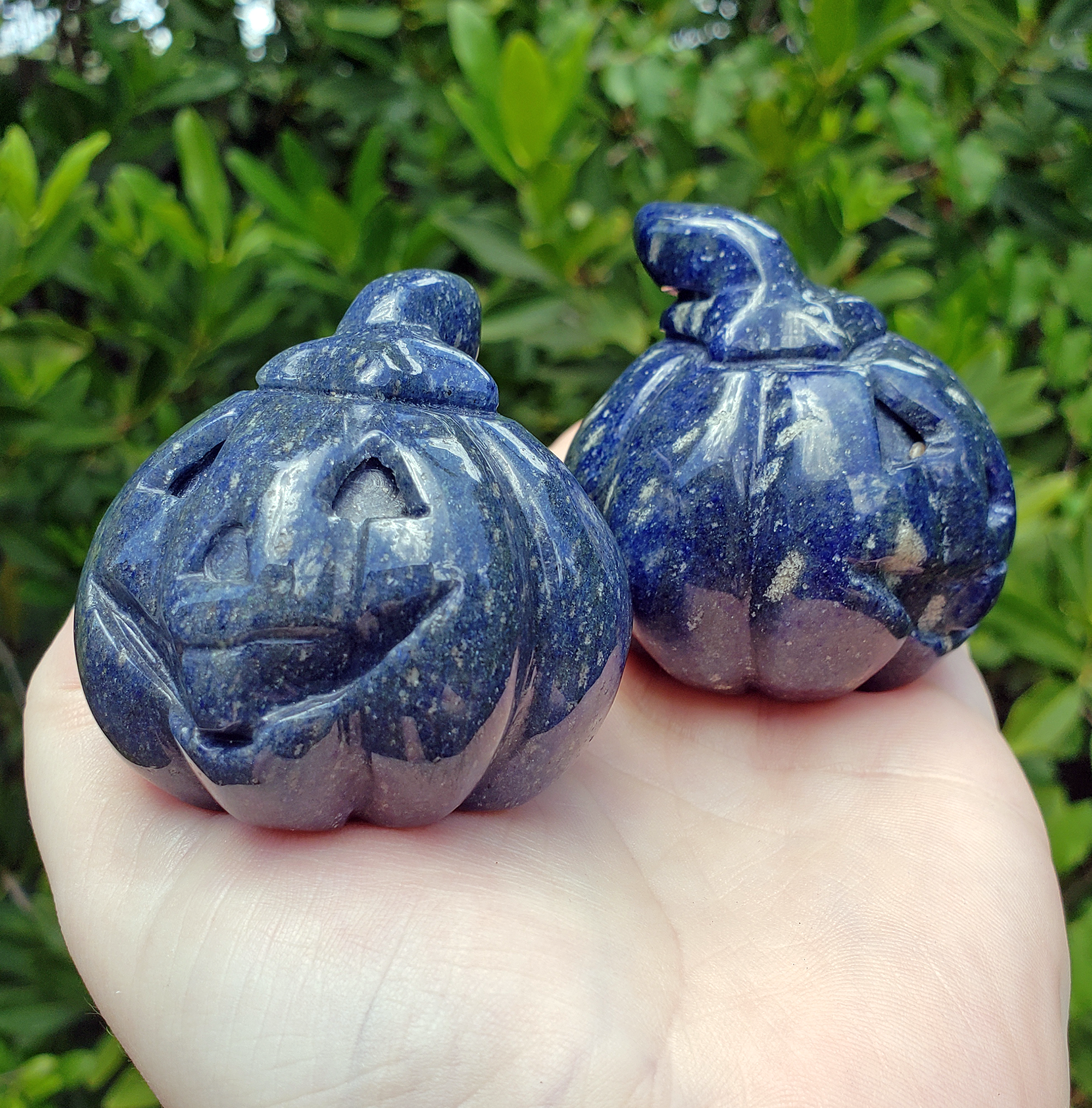 Blue Quartz Gemstone Happy Pumpkin Totem Jack-o-Lantern Carving - Side by Side