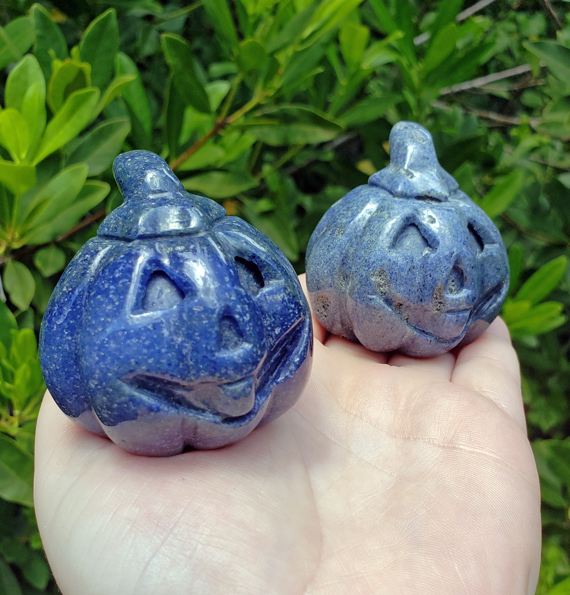 Blue Quartz Gemstone Happy Pumpkin Totem Jack-o-Lantern Carving - Showing Texture