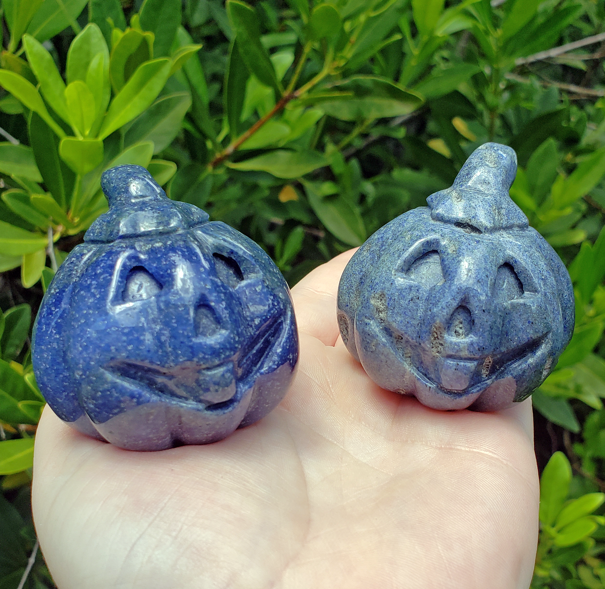 Blue Quartz Gemstone Happy Pumpkin Totem Jack-o-Lantern Carving - Friendly Faces!