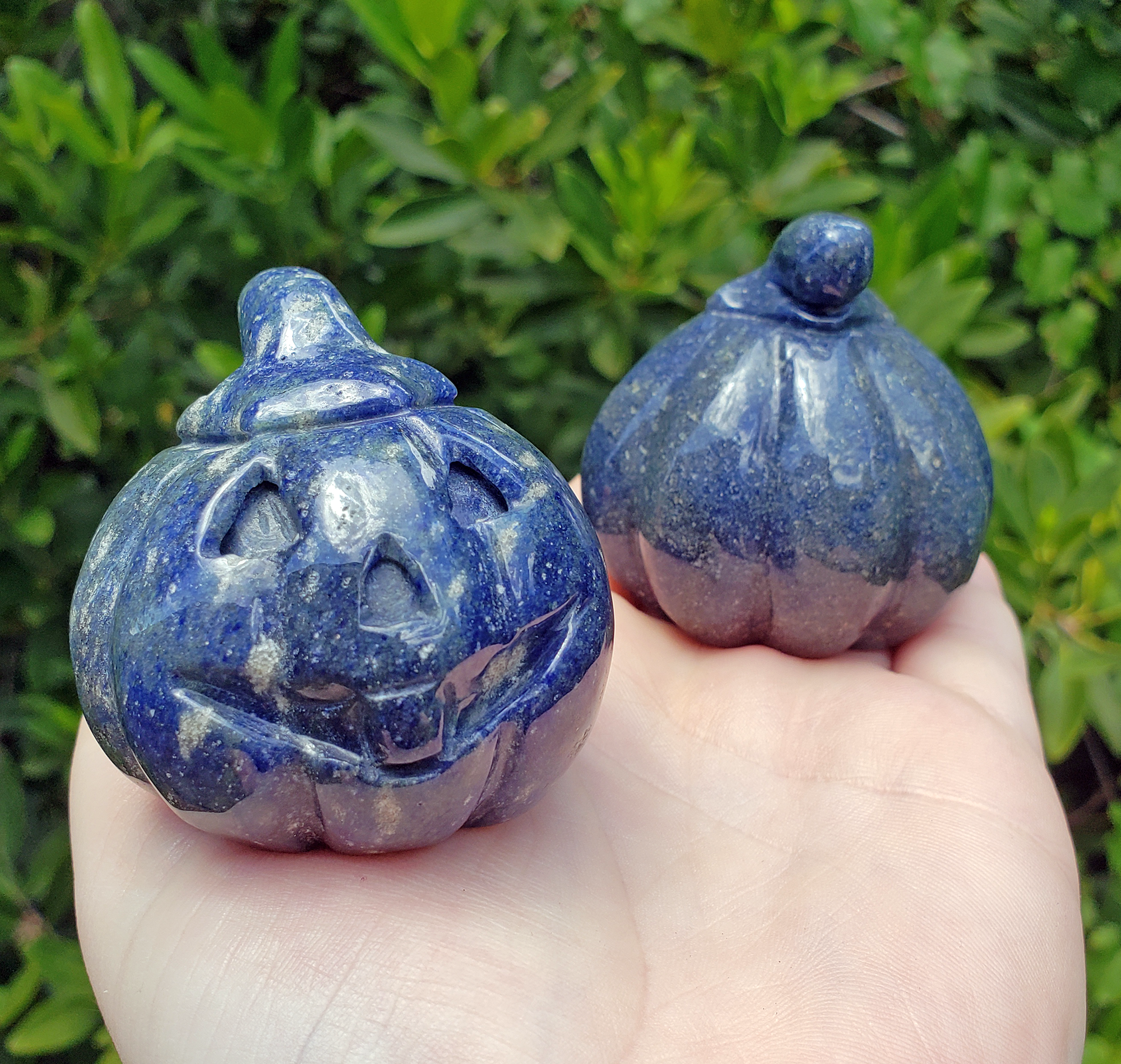 Blue Quartz Gemstone Happy Pumpkin Totem Jack-o-Lantern Carving - Front and Back