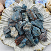 Collection of rough blue apatite stones on floral display dish