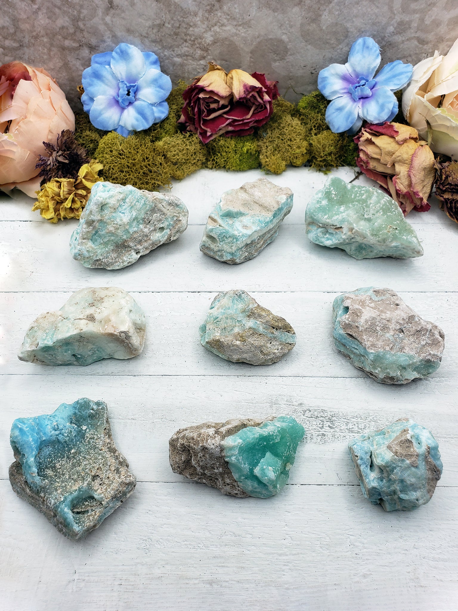 Nine rough blue aragonite stones on display