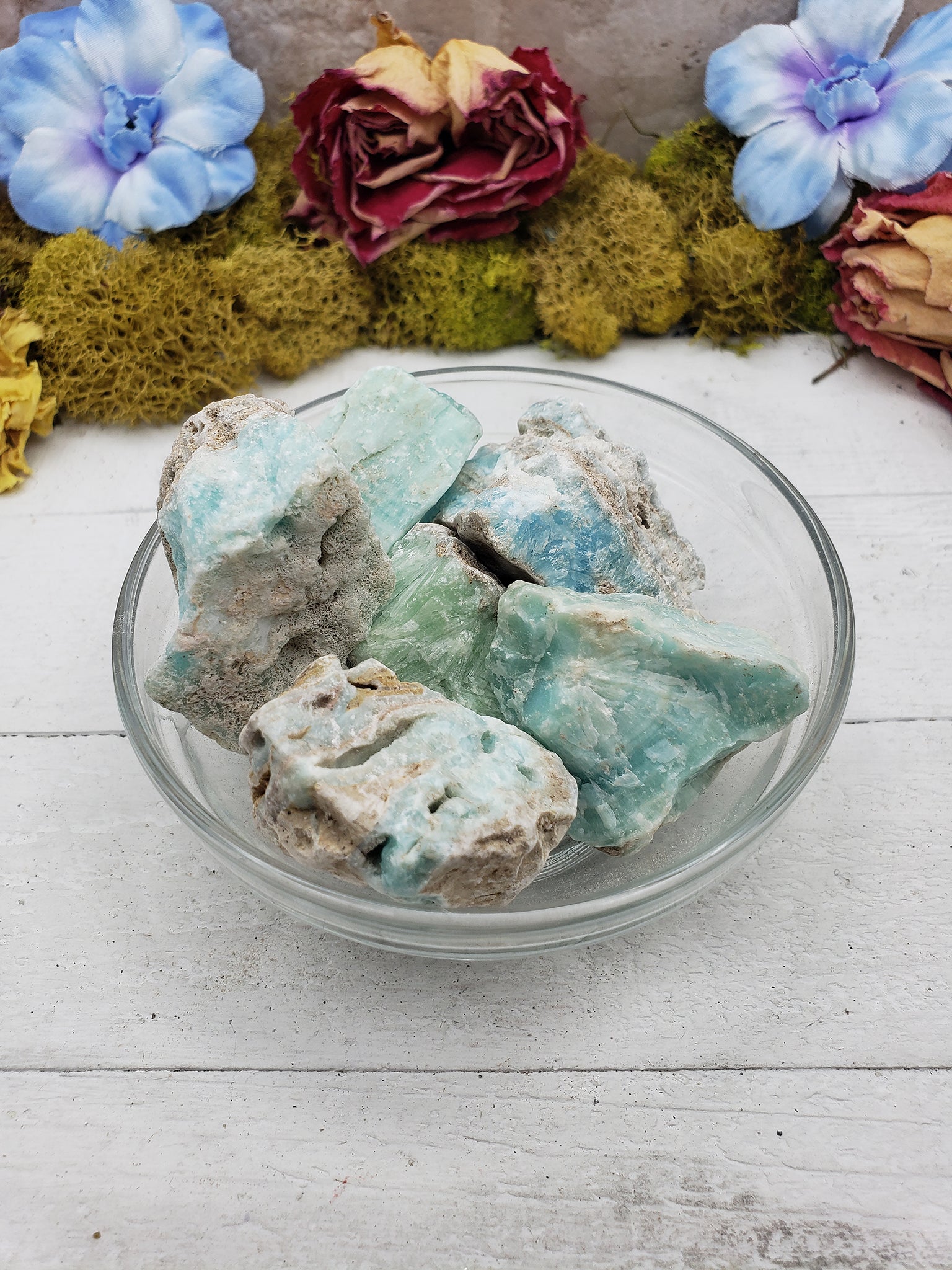 Bowl with rough blue aragonite stones