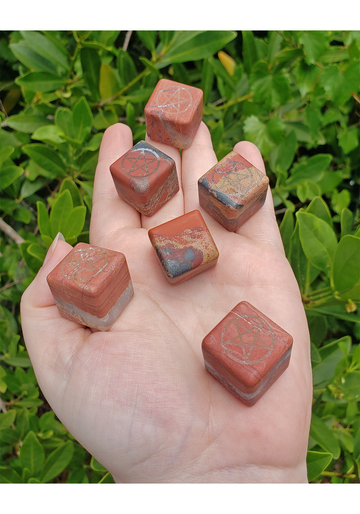 Red Jasper Gemstone Cube with Pentacle Symbol - 20mm - Showing Brecciation