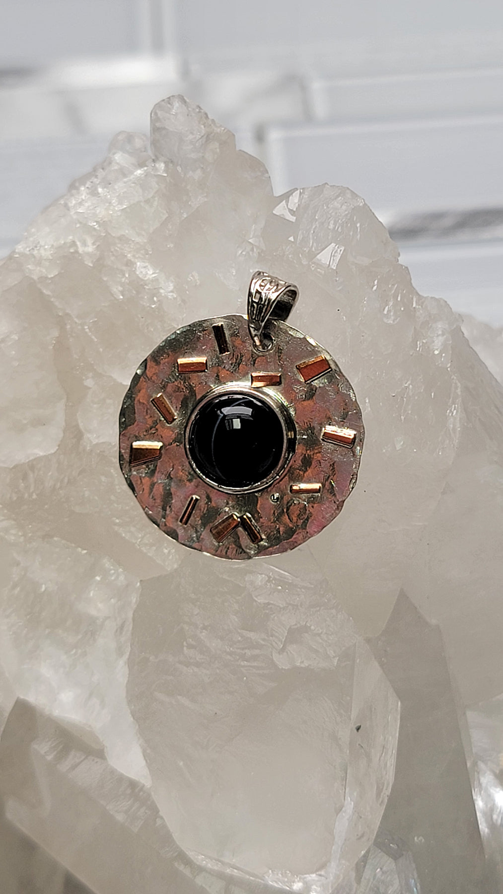 Black Agate Gemstone Sterling Silver and Copper Pendant