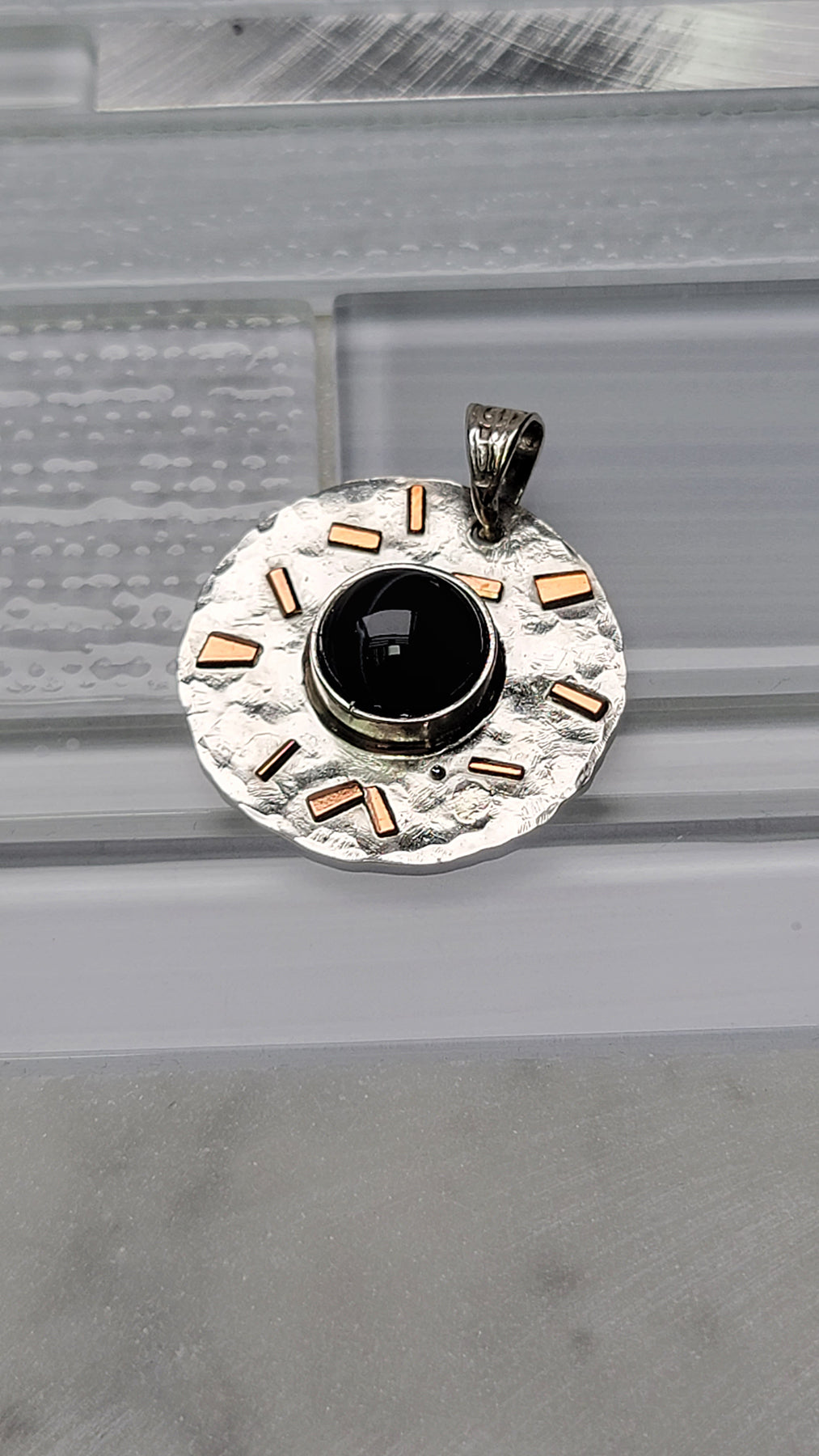 Black Agate Gemstone Sterling Silver and Copper Pendant