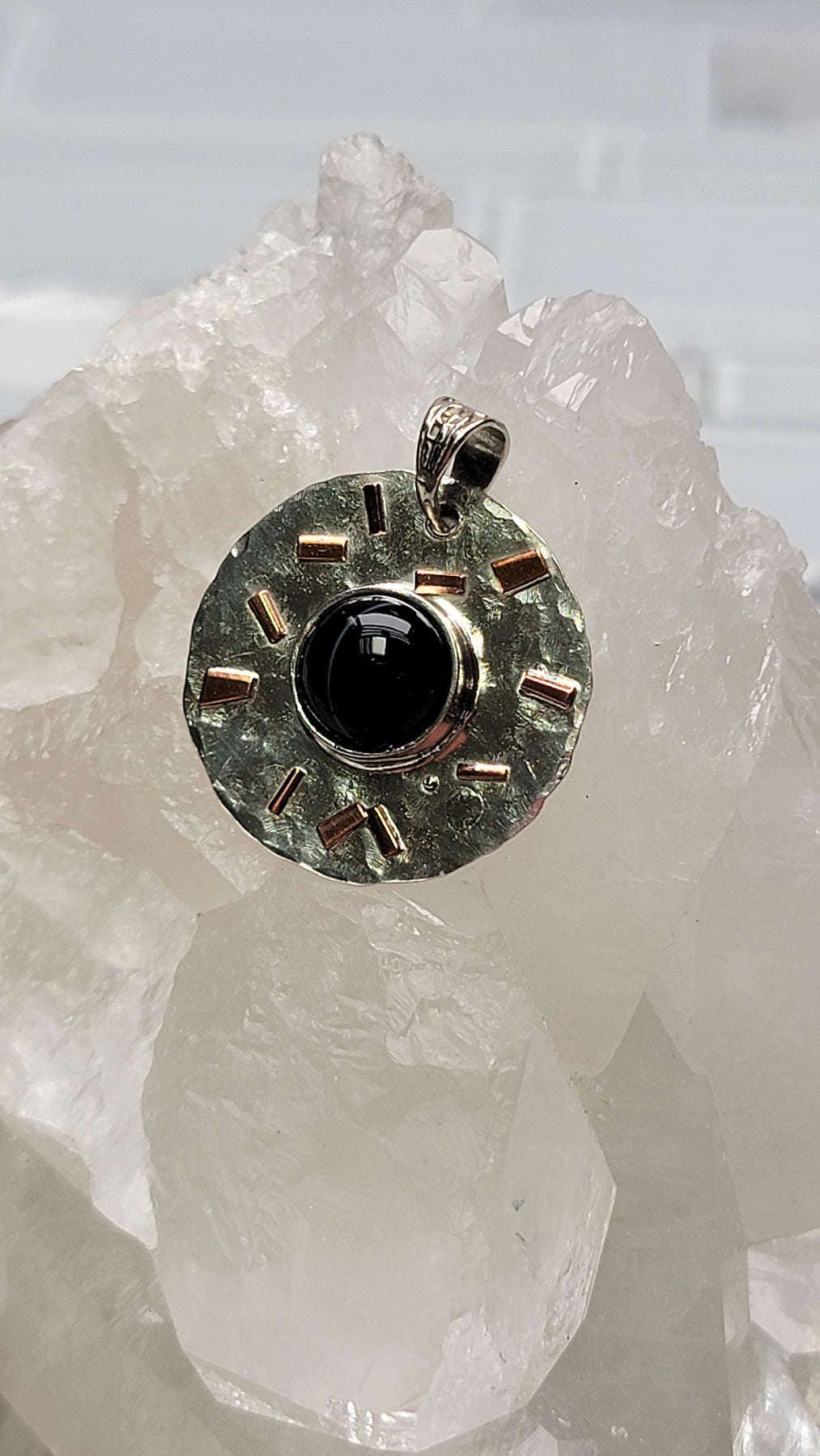 Black Agate Gemstone Sterling Silver and Copper Pendant