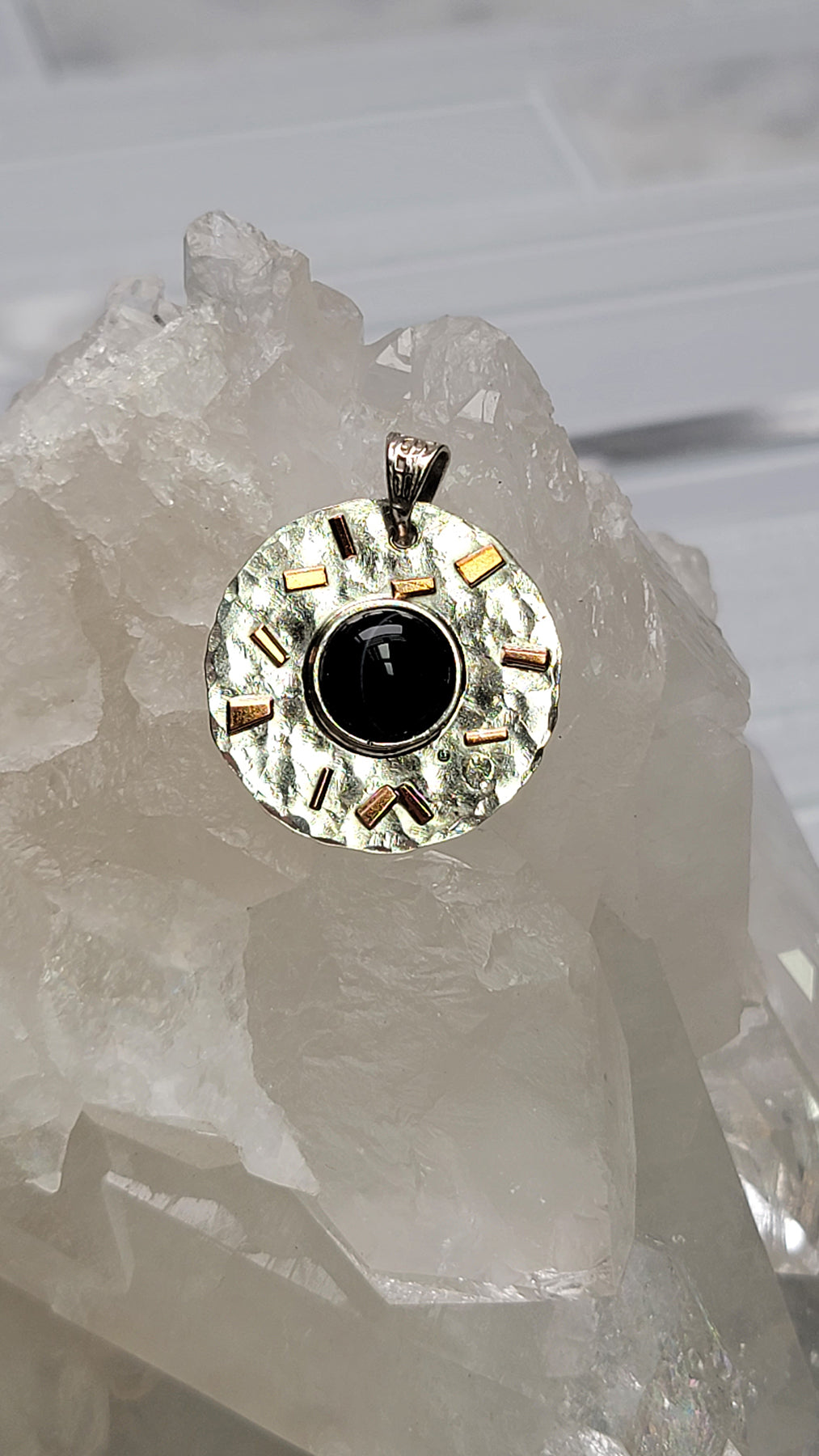 Black Agate Gemstone Sterling Silver and Copper Pendant